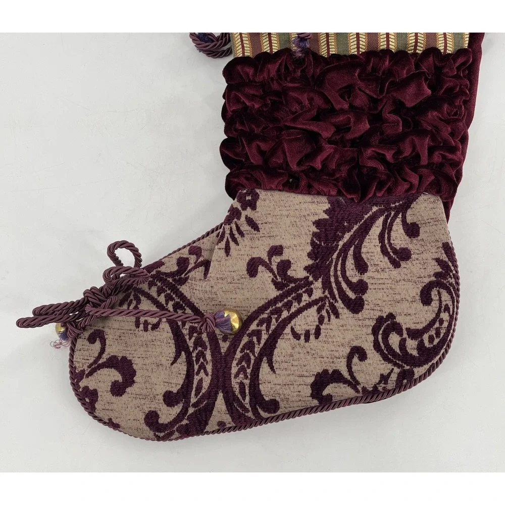 Victorian Luxury Christmas Stocking Fabric Brocade Velvet Faux Fur Ribbons Bells